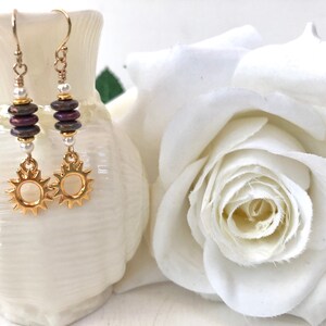 Purple Beaded Dangle Earrings, Sunshine Charm Earrings, Celestial Dainty Drop Earrings, Mothers Day Gift, Sun Charm Earrings