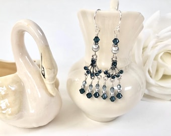Blue Swarovski Crystal Chandelier Earrings, Sterling Silver Dangles