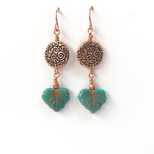 Leaf Dangle Earrings, Boho Copper Earrings for Her, Aqua Beaded Earrings, Gift for Mom, Czech Bead Earrings, Copper Jewelry