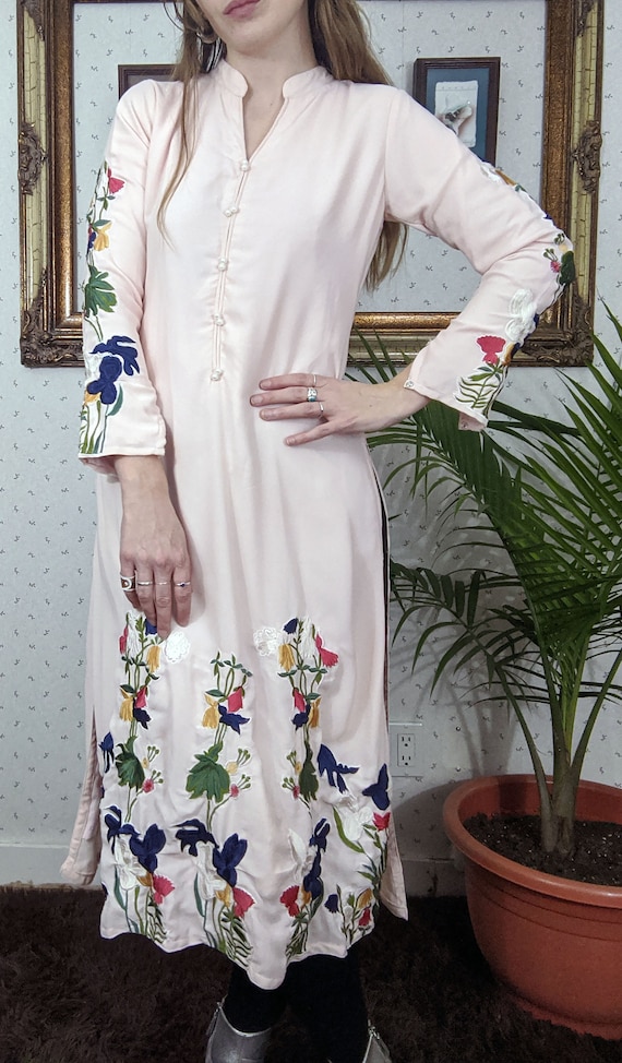 Vintage Pale Pink Embroidered Long Sleeve Dress