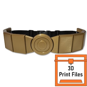May include: A gold-colored utility belt featuring a series of rectangular plates and a central circular emblem attached to a black nylon strap with a plastic buckle. An orange square icon in the corner contains the text 3D Print Files.