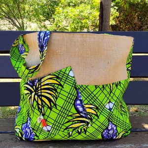 Wax fabric and burlap bag, large green wax bag worn on the shoulder, XXL wax beach bag
