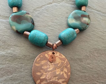 Copper and Bronze Metal Clay Pendant with Kazuri Beads