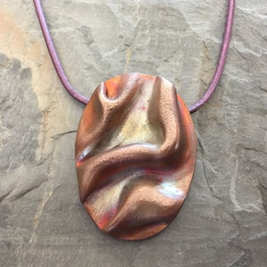 Copper Oval Folded Metal Clay Pendant with Heat Patina