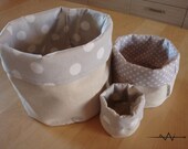 linen storage bin, fabric basket, organizer, fabric bucket grey polka dots