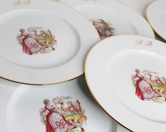 Dinner Plates, LIMOGES Porcelain, Vintage China, Monogrammed Plates, Fragonard, Large Dinner Plates, Limoges Dinner Plates