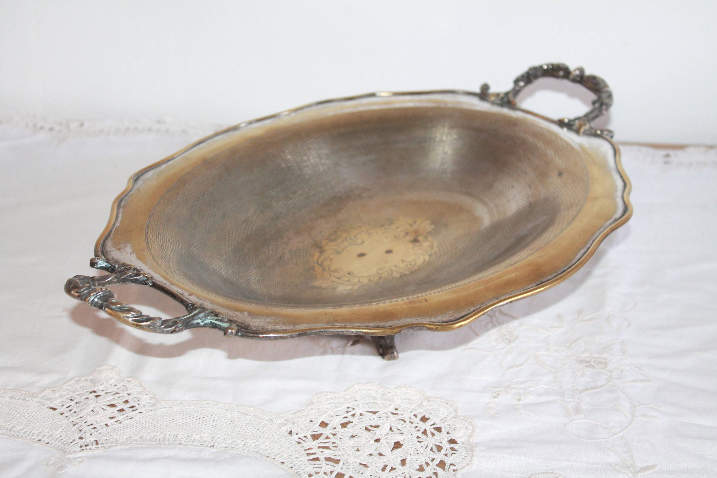 Plateau Plaqué Argent, Argent Cuivre, Estampé, Plateau de Vanité, Bol Fruits, Poinçon, Décoratif Fra