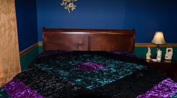 Gothic Quilt Queen Green Purple Black Stretch Crushed Velvet Etsy
