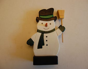 Hand Carved Wooden Snowman with Base