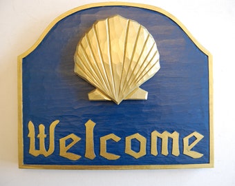Hand-Carved Shell Welcome Sign