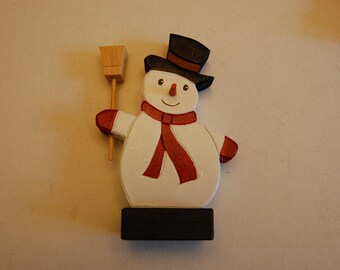 Hand Carved Wooden Snowman with Base
