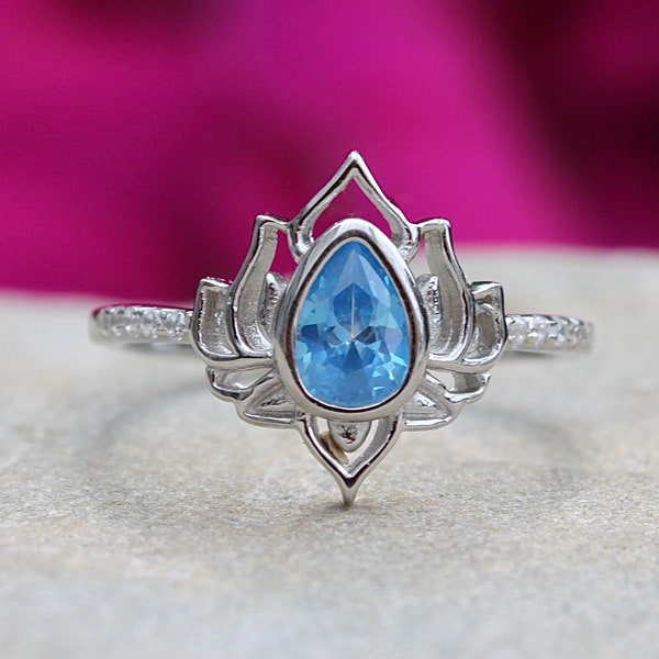 Silver Lotus Flower Ring with Blue Topaz - Flower With White Topaz Ring- Silver Lotus Ring- Flower Ring - Henna Ring- Boho Ring -Yoga Ring