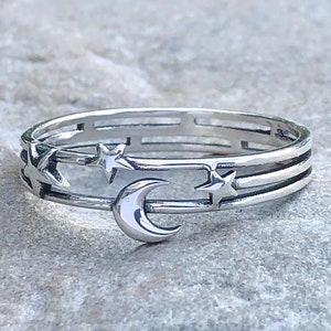 Moon and Stars Layered Ring, 925 Silver Ring, Dainty Stars Moon Universe Ring, Celestial Jewelry, Boho Ring, Crescent Moon Ring, Stars Ring