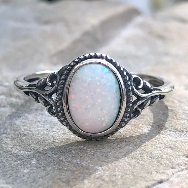 Sterling Silver White Lab Opal Ring - Silver Lab Opal Ring- White Opal Ring- - Boho Ring - Opal Ring - Oval Shaped Opal Ring