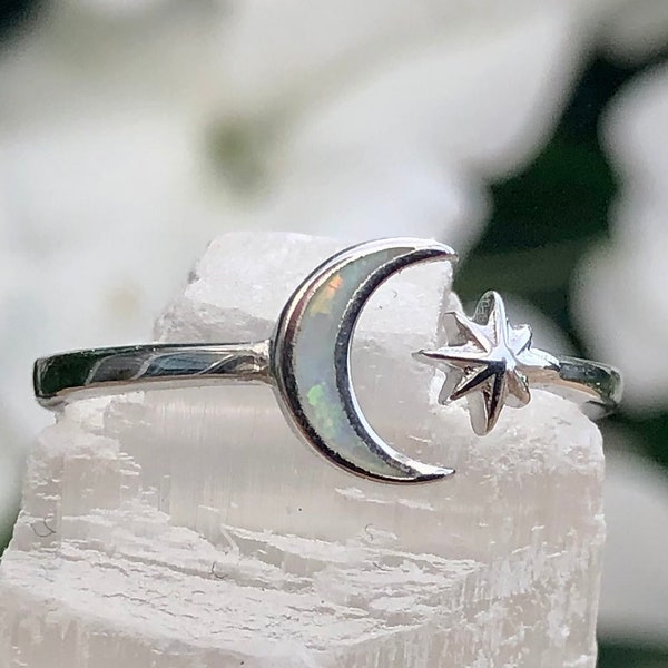 Sterling Silver Moon and Star Ring - White Lab Opal Ring - Silver Star Crescent Ring  -Celestial Ring - Moon Star Ring- Moon Ring -Star Ring