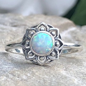 Opal Ring Silver Lotus Flower Ring Flower With White Lab - Etsy