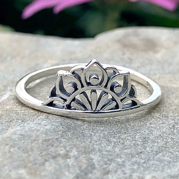 Sterling Silver Lotus Ring, Mandala Ring, Yoga Ring, Lotus Flower Ring, Flower Ring, Henna Ring, Boho Ring,925 Sterling Silver Lotus Jewelry