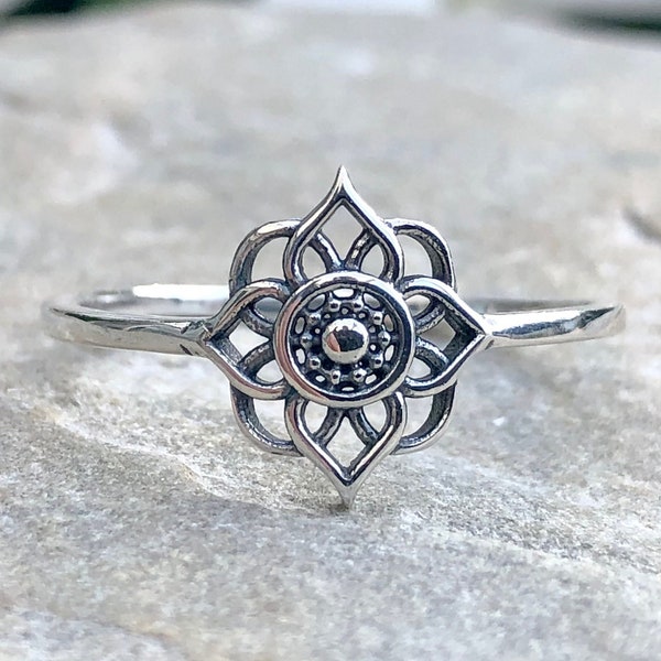 Sterling Silver Lotus Flower Ring - Silver Mandala Ring- .925 Flower Ring - Flower Ring - Henna Ring- Chakra Ring- Boho Ring -Yoga Ring