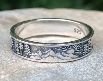 Sterling Silver Mountains and Trees Ring, Sun, Mountains and Trees Ring, Nature Ring, Sun Ring, Nature Eternity Band.Thumb Ring,Nature Lover