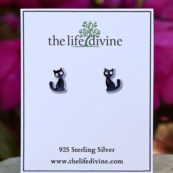 Sterling Silver Black Cat Earrings, Sitting Black Cat With CZ Eyes Studs, Cat Lover Jewelry, Cat Gift, Halloween Earrings, Kids Earrings