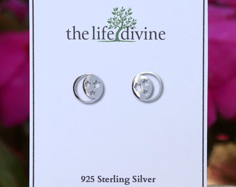 Sterling Silver Moon and Stars Earrings, Moon and Stars Stud Earrings, Celestial Earrings, Moon and Stars Jewelry, 925 Silver