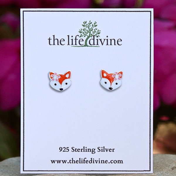 Sterling Silver Fox With Flower Earrings, Fox Jewelry, Cute Fox Studs, Red Fox, Fox Gift, Fox Posts, 925 Silver, Kids Earrings