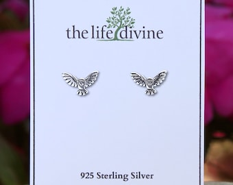 Sterling Silver Owl Earrings, Owl In Flight Stud Earrings, Flying Owl Earrings, Bird Earrings, Owl Gifts,Owl Jewelry, Dainty Earrings