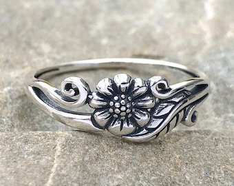 Sterling Silver Flower With Vine Ring, Silver Flower Band, Floral Ring, Boho Ring, Daisy Ring, Flower Ring,Sunflower Ring,Forget Me Not Ring