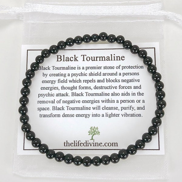 Children's Black Tourmaline 4mm Beaded Gemstone Bracelet - Kid's Healing Energy Crystal Jewelry - Protection Stone - Small 6 Inch Bracelet