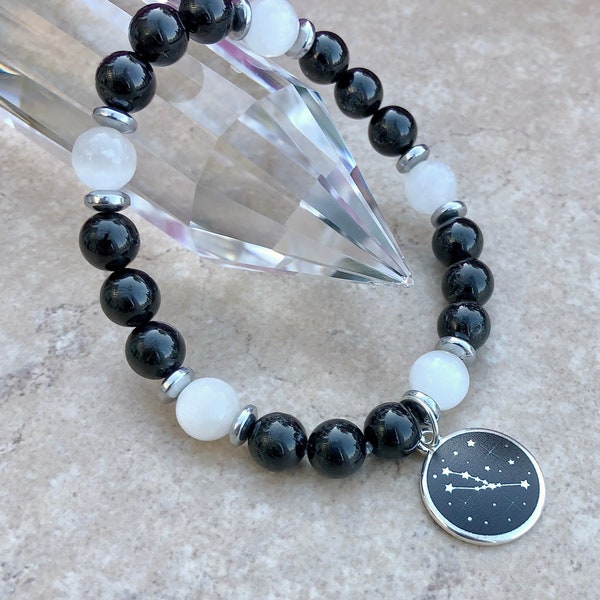 Taurus Astrological Bracelet - Black Tourmaline & Selenite 8mm beaded Gemstone Bracelet - Zodiac Bracelet - Energy Crystal Jewelry