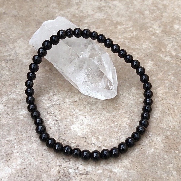 Black Tourmaline 4mm Beaded Grade A+ Gemstone Bracelet - Crystal Jewelry - Genuine Protection Stone - Beaded Bracelets - Crystal Bracelets
