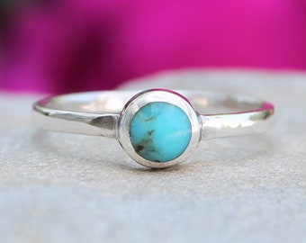 Sterling Silver Small Turquoise Ring, Genuine Turquoise Ring, 925 Sterling Silver, Boho Ring, Dainty Turquoise Jewelry, Round Turquoise Ring