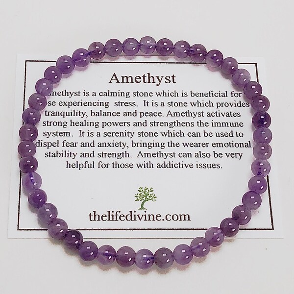 Children's Amethyst 4mm Beaded Gemstone Bracelet - Kid's Healing Energy Crystal Jewelry - Calming and Healing Stone - Small 6 Inch Bracelet