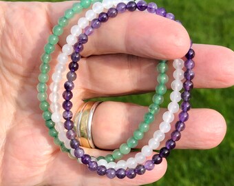 Men's 4mm Mini Gemstone Bracelet Set of Three for Tranquility - Snow Quartz - Amethyst - Aventurine - Healing Energy Crystal Jewelry