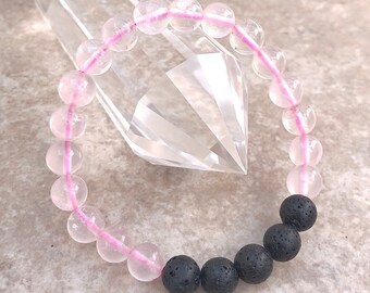 Rose Quartz and Lava Stone 8mm Beaded Gemstone Bracelet-Love Bracelet-Essential Oil Carrier Bead-Grade A+ Stones-Rose Quartz Energy Bracelet