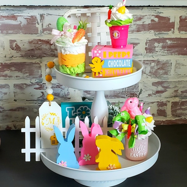 Easter Tiered Tray Decor/Faux Desserts/Wood Stacked Books/Easter Bunny/Fake Whipped Cream Display/Mini whipped cream Cups/Spring Decor/Peeps