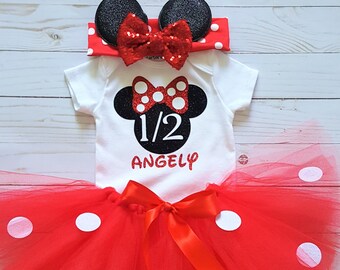 baby girls half birthday outfit/1/2 birthday outfit/6 month birthday set/half way to one/custom clothes/birthday headband/red and pink party