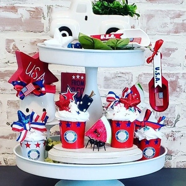 4th of July Kitchen/Tiered Tray decor/Faux Cream Cups/American Decor/Patriotic Themed Decor/Wooden Scoops/Mini Decoration/ice cream stand