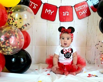 Baby Girl Half Birthday Outfit: Red Tutu, Bodysuit, Headband Set (Mouse Theme)