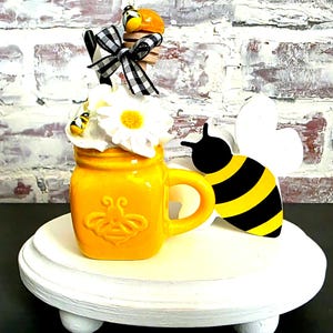 Bumble Bee Mason Jar Mug/Tiered Tray Decor, Faux Honey Dipper/Fake Desserts/ Easter Table Setting/Fake Coffee cup/Table Display/ Spring deco