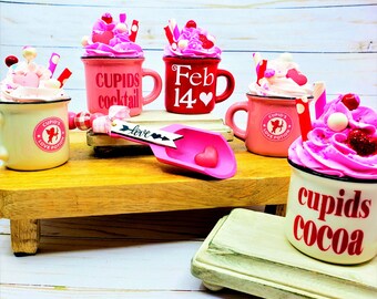 Valentine tiered tray decor/cupid display/mini rolling pins/Rae Dunn style cups/wooden scoops/whip cups/coffee bar/gifts/faux whip cream