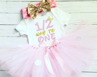 Half Birthday Outfit: Handmade 1/2 Way to One Bodysuit, Tutu & Headband / Baby Birthday halfway to one clothes/ Mouse outfit / personalized