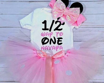 Personalized Half Birthday Outfit Girl, Red Tutu Set / Half way to one Baby Girl/ Mouse ears / Customized shirts/ 1st birthday/ Handmade