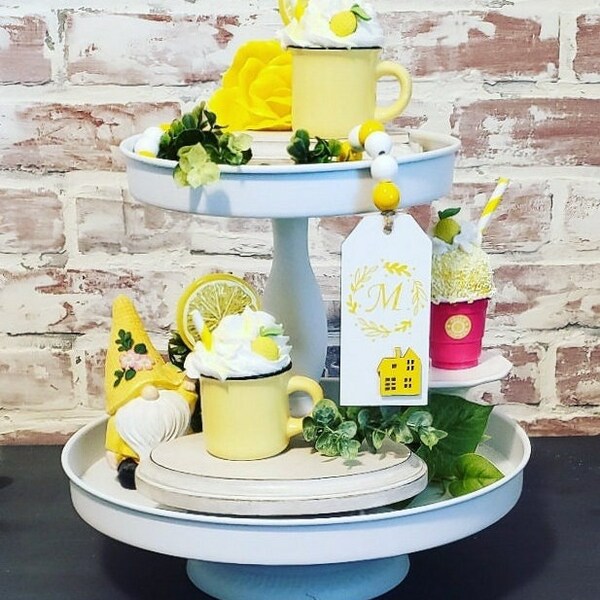 Mini Lemon Tiered tray decor/Kitchen Summer tier display/fake desserts for display/lemon accents/lemonade stand/faux drinks/mini desserts
