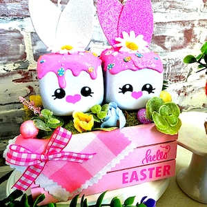 May include: Two white and pink Easter bunny decorations with pink frosting, bunny ears, and daisy accents. The bunnies sit in a pink wooden crate with a gingham bow and the words "hello EASTER".