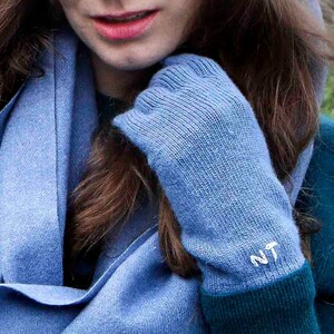 Puede incluir: Un par de guantes de punto azul con un monograma bordado en blanco "NT" en el pu&ntilde;o.