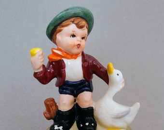 Vintage Rotating Music Box a Boy with his Duck - Japan Music Box - Plays Old MacDonald Had a Farm = Hummel Like Music Box