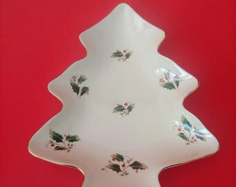 Vintage Christmas Tree Shaped Candy Dish - Holly Holiday Porcelain Nut Dish
