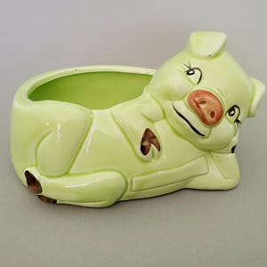 May include: A light green ceramic pig-shaped planter. The planter has a large opening for plants and features a smiling pig face with a brown snout and ears. The pig is lying down, with brown accents on its feet and sides.