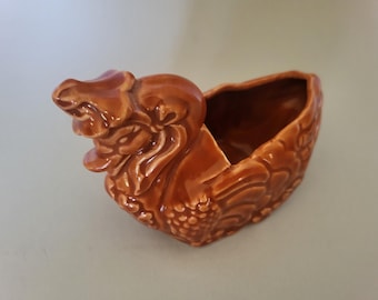 Vintage Fredericksburg Pottery Mother Goose Planter - Brown Glaze Ceramic Bird - Retro Nursery Decor